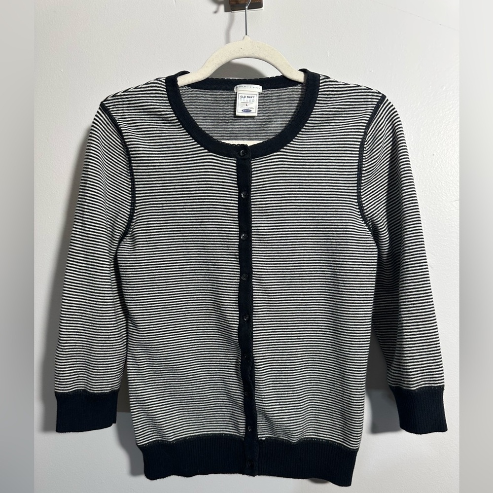 Old Navy Perfect Fit Women’s L Stretch Black White‎ Cardigan Sweater | SKU 0730